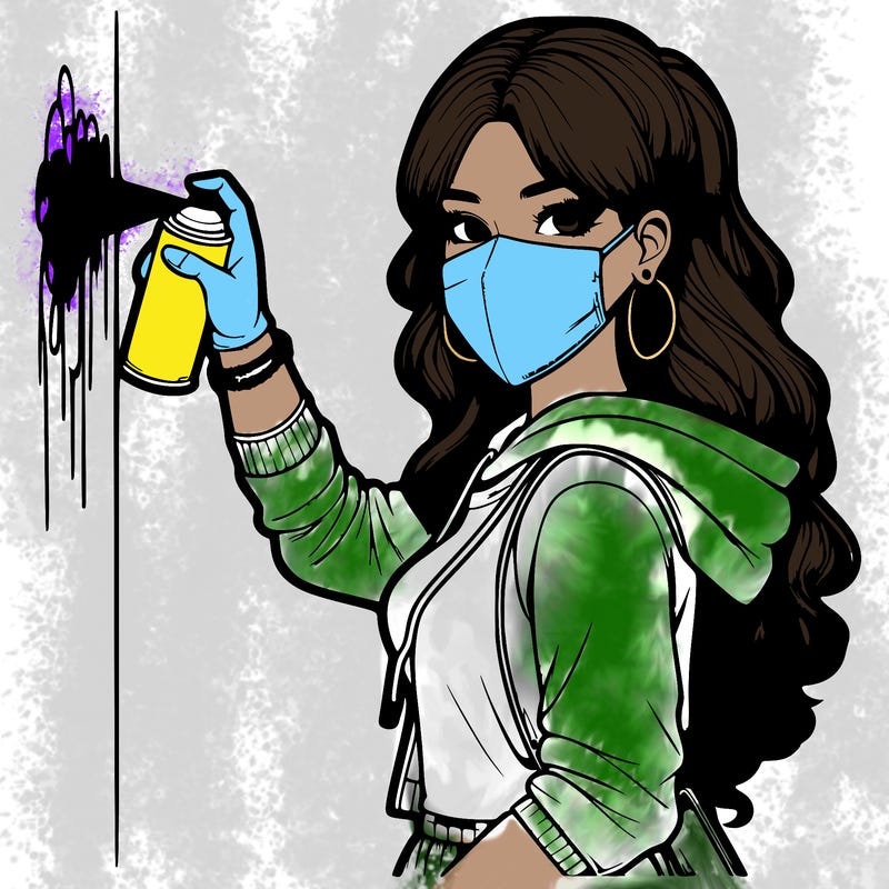 realistic girl with mask spray painting a wall