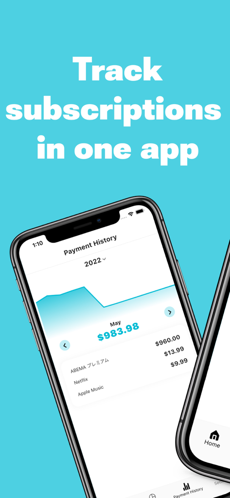 Subscription & Bill Manager - Interfaz de la aplicación SubBill que muestra un gráfico del historial de pagos y una lista de suscripciones rastreadas