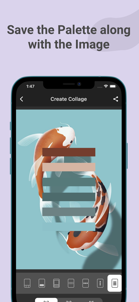 Color Wheel： Palette ColorGear - A mobile app interface displaying a color palette extracted from an illustration of two koi fish