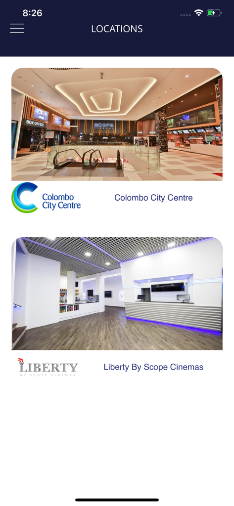 Schermata delle sedi dell'app mobile Scope Cinemas che mostra le filiali dei cinema nello Sri Lanka.
