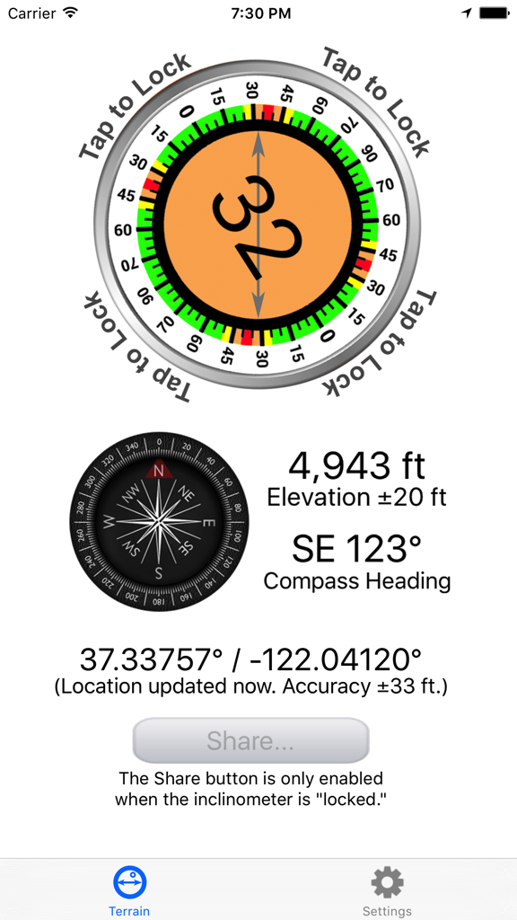 Avalanche Inclinometer - The Avalanche Inclinometer app interface displaying a 32 degree slope measurement, compass heading, elevation, and GPS coordinates.