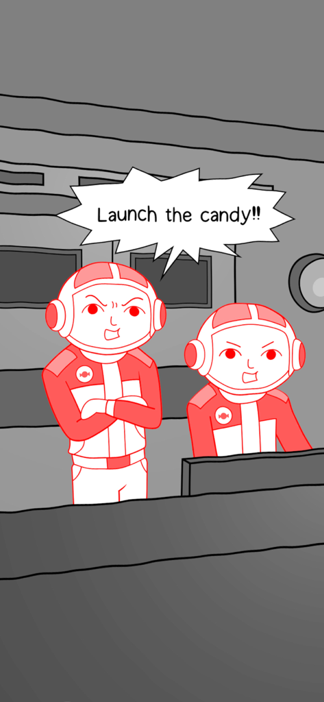 KUUKIYOMI THAILAND - Dos personajes minimalistas rojos con trajes espaciales con una burbuja de diálogo que dice Lanzar el caramelo