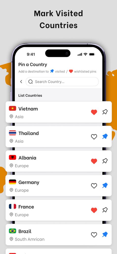 A minimalist mobile app interface for marking visited countries and creating a travel bucket list with country flags and action icons.