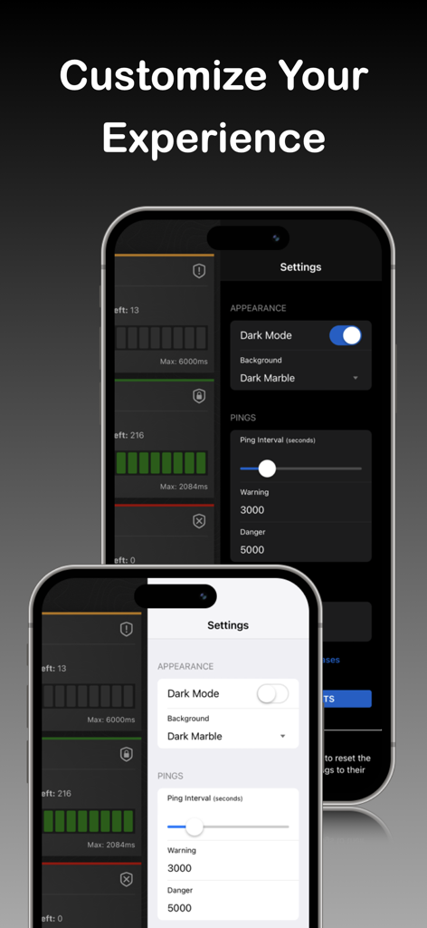 Interface do aplicativo SSL Time mostrando configurações de personalização para modo escuro e intervalos de ping em dois iPhones.