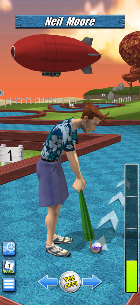 Un personaje con una camisa floral se prepara para un tiro de salida en el juego de minigolf My Golf 3D.