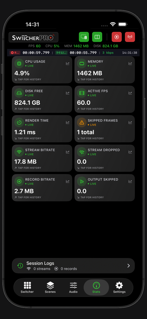 Switcher Pro - Interfaz de la aplicación móvil Switcher Pro que muestra estadísticas de rendimiento en tiempo real de OBS Studio, incluido el uso de CPU, FPS y tasa de bits de transmisión.