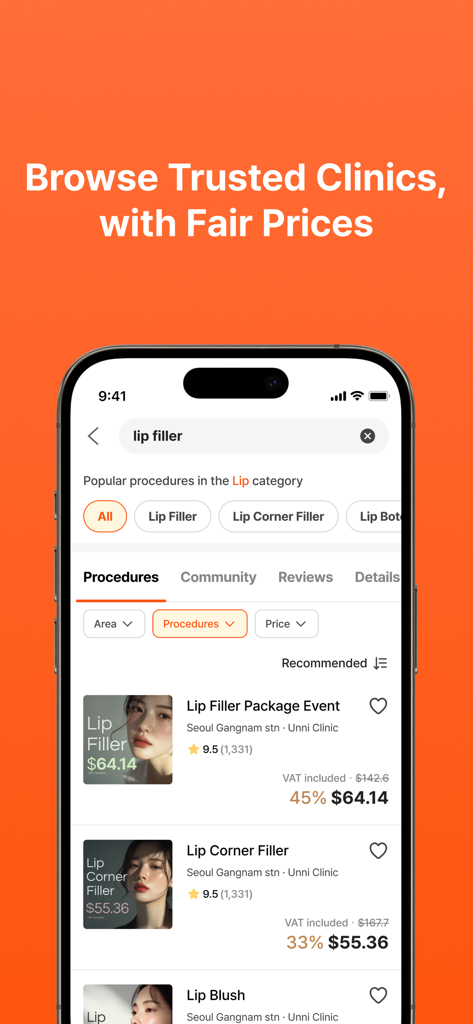Unni app interface showing lip filler procedure prices and clinic ratings in Seoul Korea