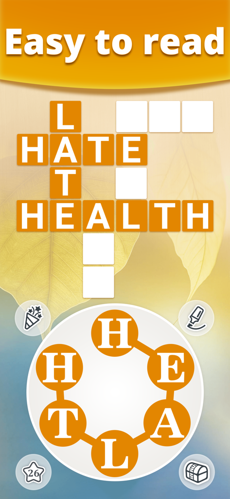 Ein mobiler Bildschirm, der ein Kreuzworträtsel mit großen, leicht lesbaren Buchstabenfeldern und einem Buchstabenrad für Senioren zeigt.