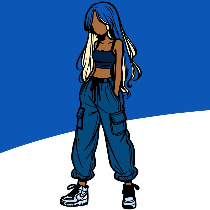 girl in baggy pants crop top and long hair