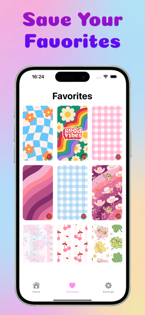 Preppy Wallpaper - Aesthetic - Una interfaz móvil mostrando una colección curada de fondos de pantalla estéticos y preppy en la sección de favoritos.