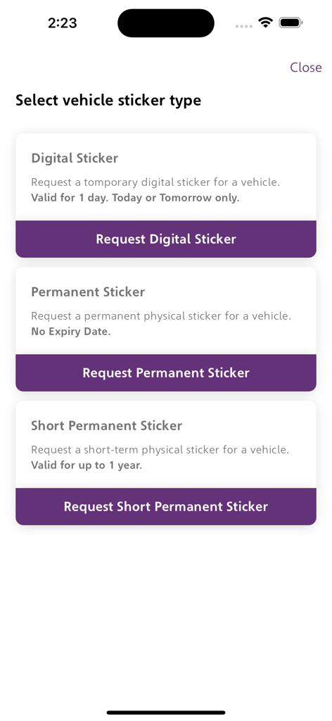 Selection screen for requesting digital permanent or short permanent vehicle stickers