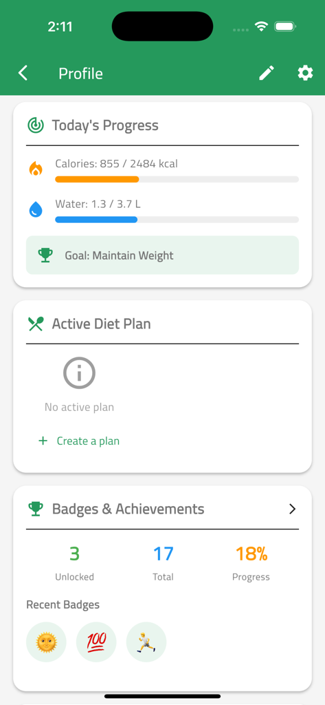 Pantalla de perfil de usuario de la aplicación NutriTrack que muestra barras de progreso de ingesta diaria de calorías y agua y medallas de logros.