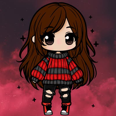 chibi girl with ripped jeans,long hair, and an oversized sweater