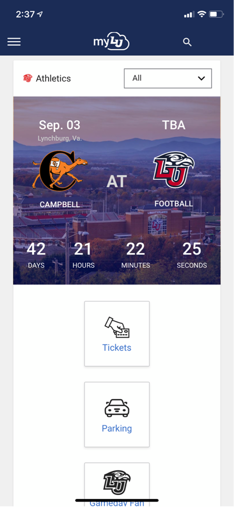 myLU - Screenshot of the myLU app showing the Athletics section with a football game countdown and buttons for tickets and parking.