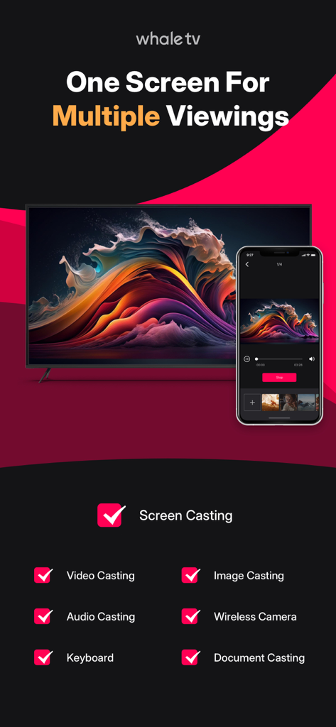 Whale TV app - Whale TV app interface showing screen casting features from a smartphone to a smart TV.