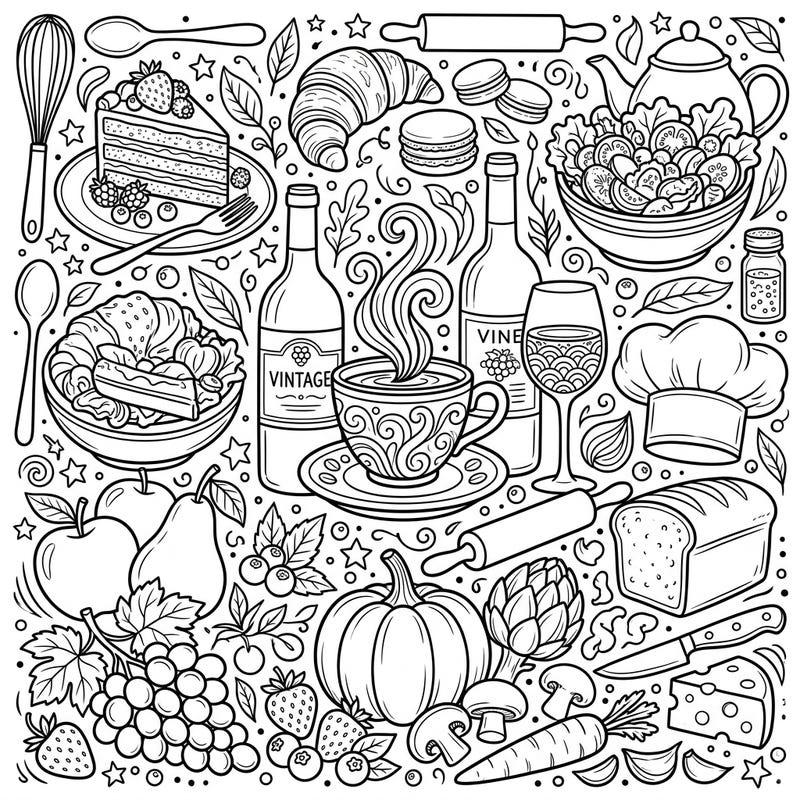 Unleash your inner chef and artist with this delightful Food & Beverage coloring page. Explore a bountiful collection of culinary delights, from gourmet treats to fresh produce, ready for your creative touch.