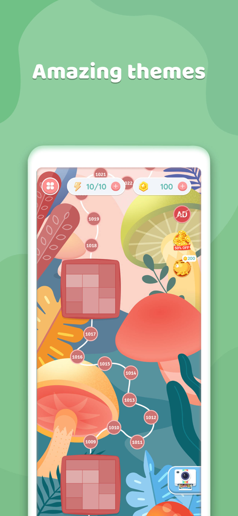 Mapa de progresión de niveles en el juego de rompecabezas Nonogram que muestra un acogedor tema de hongos