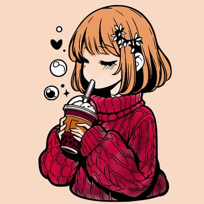 manga girl drinking boba in cozy sweater