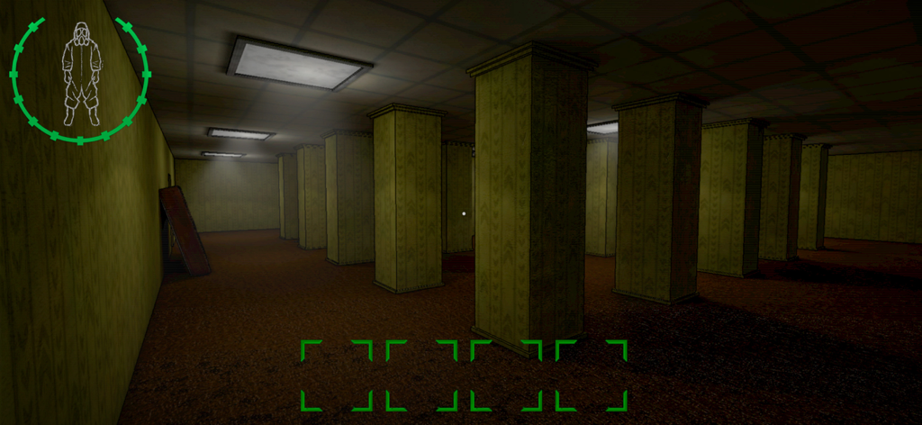 Backrooms Union Multiplayer - Backrooms Union Multiplayer の黄色い廊下と柱が見える一人称視点のゲームプレイ