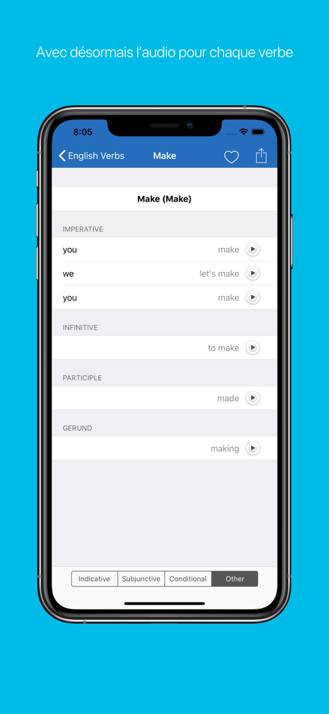 French Verb Conjugator app interface showing verb forms and audio pronunciation buttons.