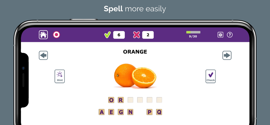Language Therapy 4-in-1 - Mobile app interface for writing therapy showing a spelling exercise with a photo of an orange and letter selection tiles