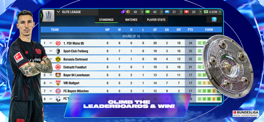 Top Eleven Be a Soccer Manager - Captura de pantalla del juego Top Eleven que muestra la tabla de clasificación de la Liga Élite con equipos oficiales de fútbol de la Bundesliga