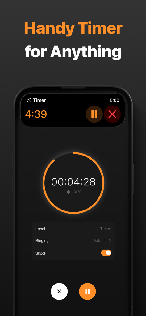 Alarm Clock - 어두운 인터페이스와 주황색 원형 진행률 표시줄이 있는 카운트다운 타이머 기능을 보여주는 스마트폰 화면.