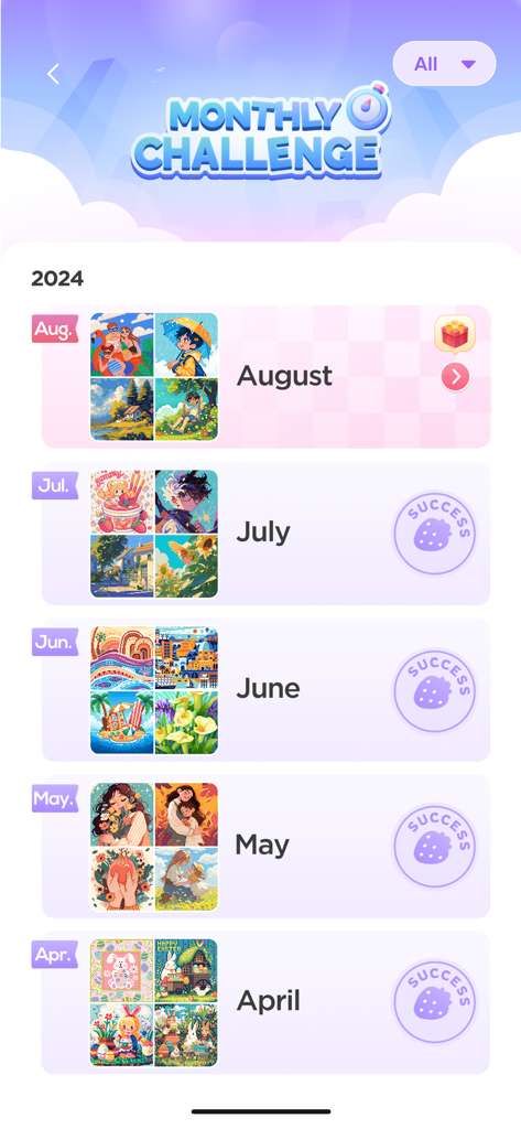 No.Pix - Color by Number - Monthly challenge screen in the No.Pix app showing a list of completed pixel art coloring tasks for 2024.