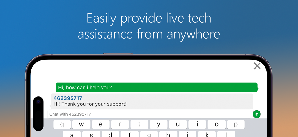 Interface de chat de assistência técnica ao vivo no aplicativo Supremo Remote Desktop em um dispositivo móvel