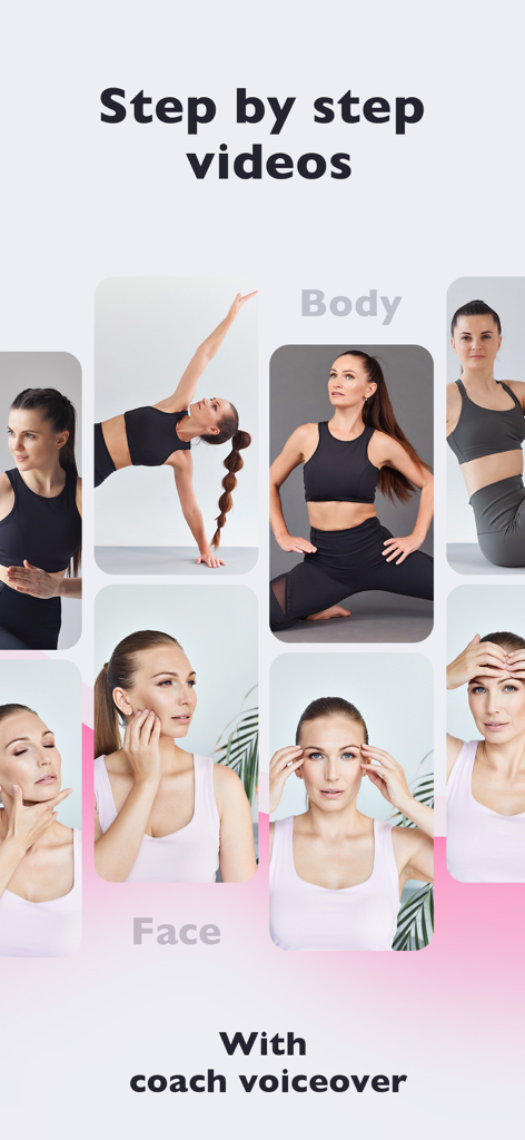 Glowly: Face & Body Workouts - Glowly app display showing step by step face yoga and body workout video tutorials