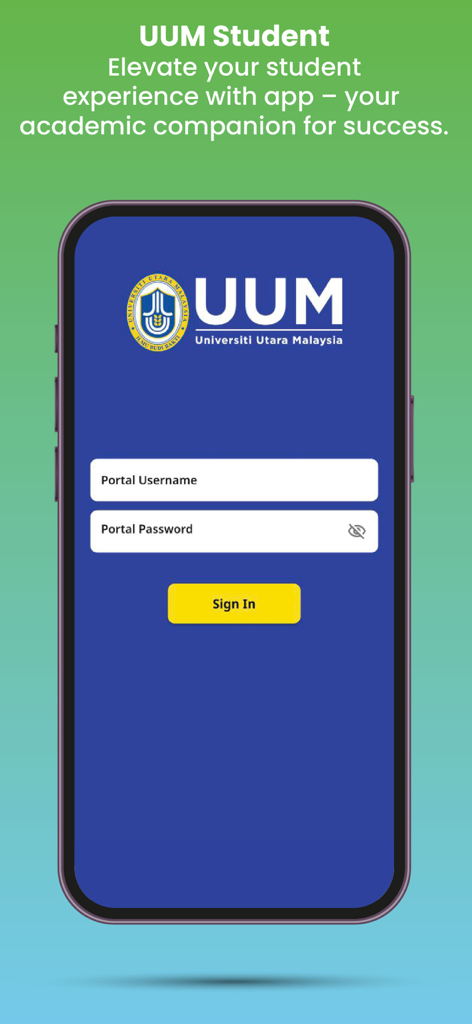 Interface de login do aplicativo móvel UUM Student exibindo campos de nome de usuário e senha