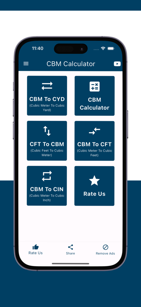 Startbildschirm der CBM Calculator App mit Konvertierungsoptionen für Kubikmeter, Fuß und Yards