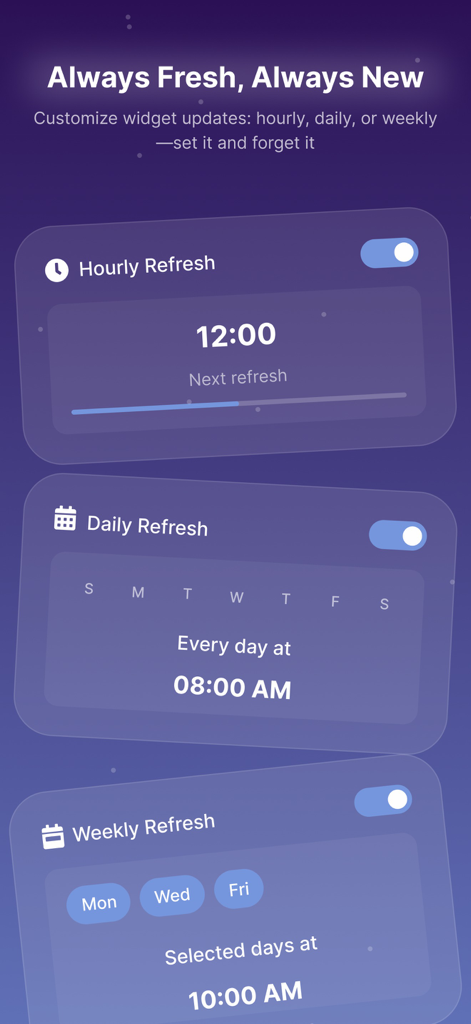 Ai AnyText - Any Text Widget - Interface showing customization options for hourly daily and weekly text widget updates