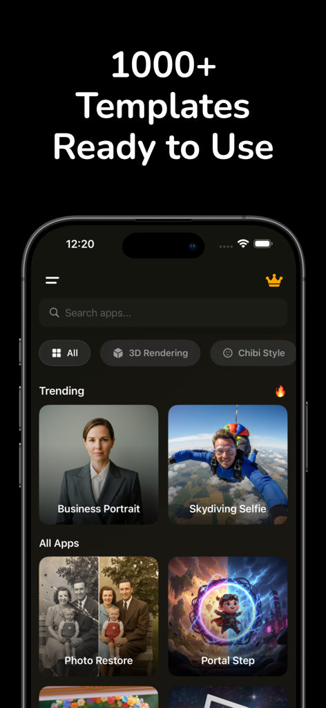 Omni Art - AI Photo Editor - Interfaz de la aplicación Omni Art mostrando varias plantillas de fotos IA como retratos de negocios y herramientas de restauración de fotos.