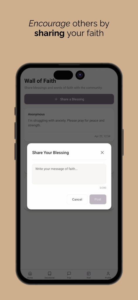 Faithly: Devotional & Prayer - Interface of the Faithly app showing the Wall of Faith feature with a prompt to share a blessing
