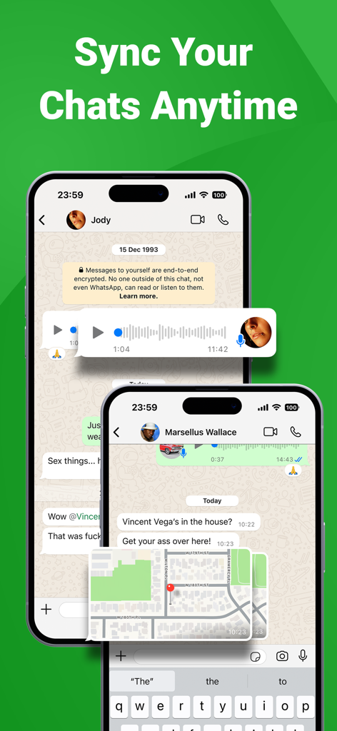 Mobile app interface showing synchronized chat messages and location sharing on two smartphones