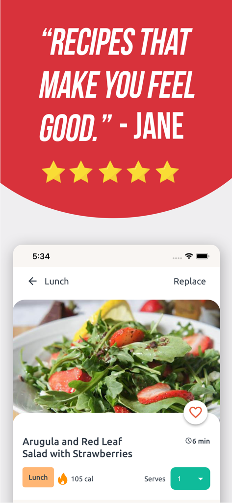 Screenshot dell'app Dieta DASH che mostra una recensione a 5 stelle di Jane e una ricetta di insalata di rucola e fragole salutare.