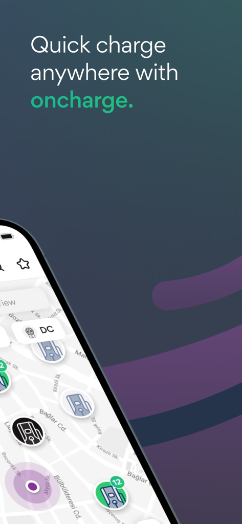 Smartphone display showing the Oncharge app map with EV charging station pins.