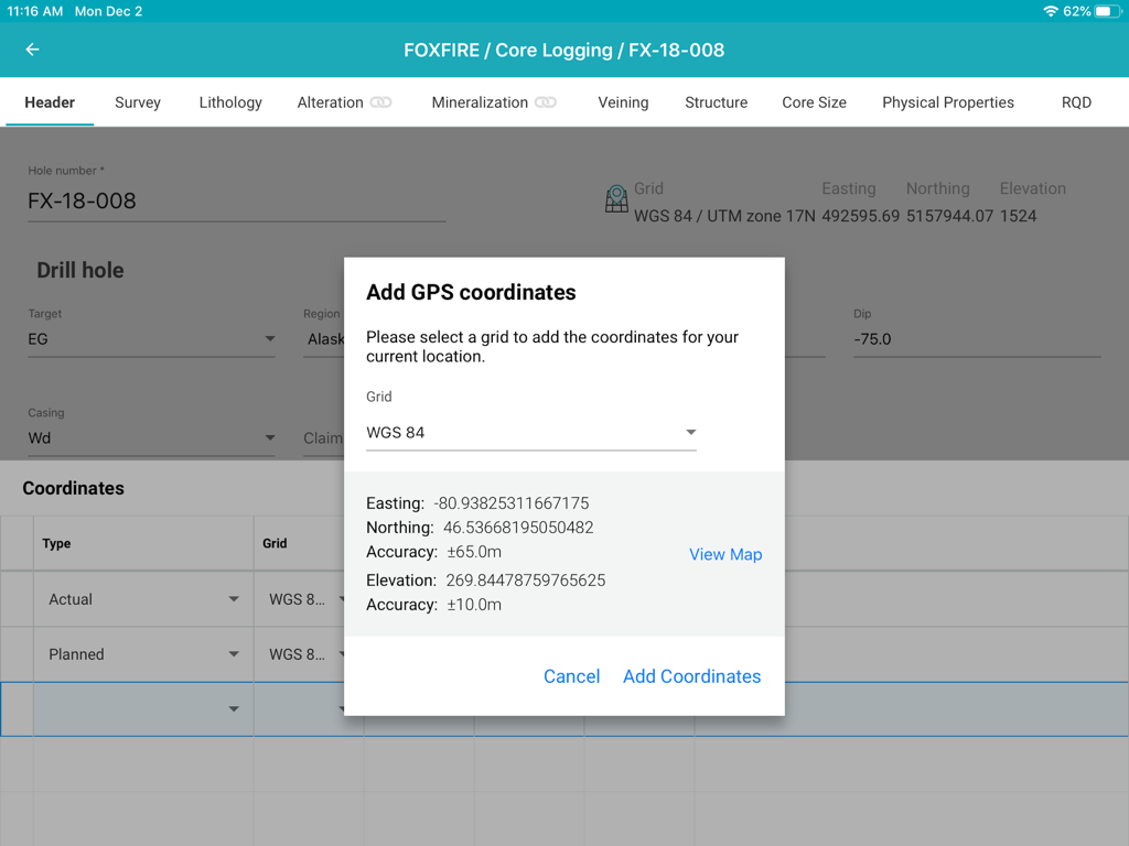 Interface of the MX Deposit app showing a popup window for adding GPS coordinates to a drill hole during core logging on an iPad.