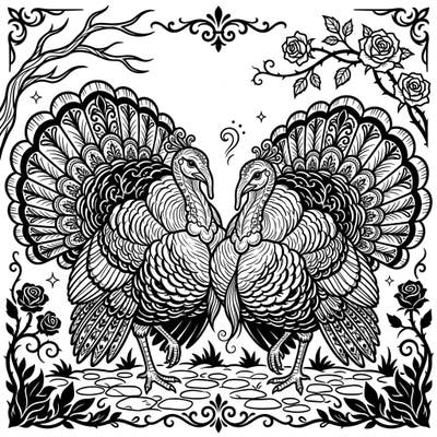 Dive into a world of dark elegance with this intricate coloring page featuring two magnificent strutting turkeys. Their fanned feathers and the surrounding gothic motifs offer a unique and engaging artistic experience.