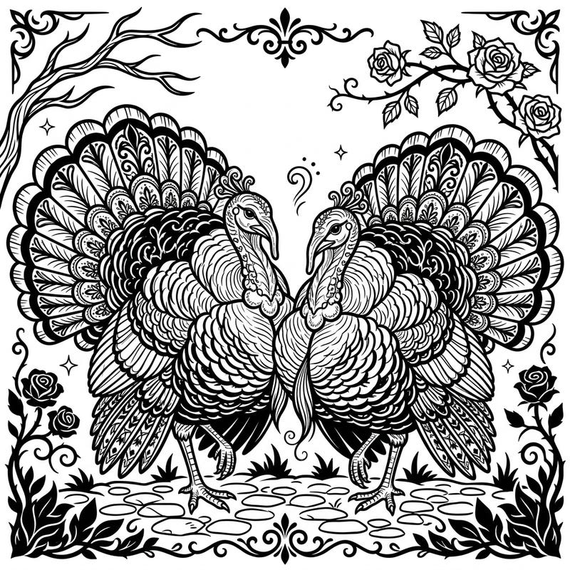 Dive into a world of dark elegance with this intricate coloring page featuring two magnificent strutting turkeys. Their fanned feathers and the surrounding gothic motifs offer a unique and engaging artistic experience.