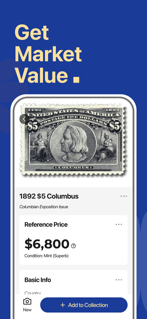 PhilSnap: Stamp ID & Values - PhilSnap app interface displaying the identification and 6800 dollar market value for a rare 1892 Columbus postage stamp