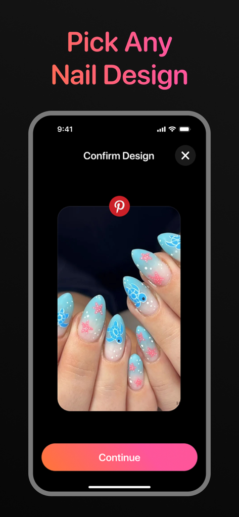 A smartphone showing the Nail Diva app interface with a blue sea-themed nail art design selected for virtual try-on.