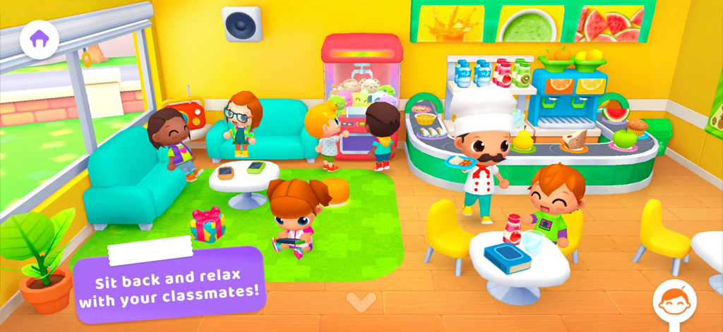 Niños relajándose y comiendo en la cafetería de la escuela con un chef