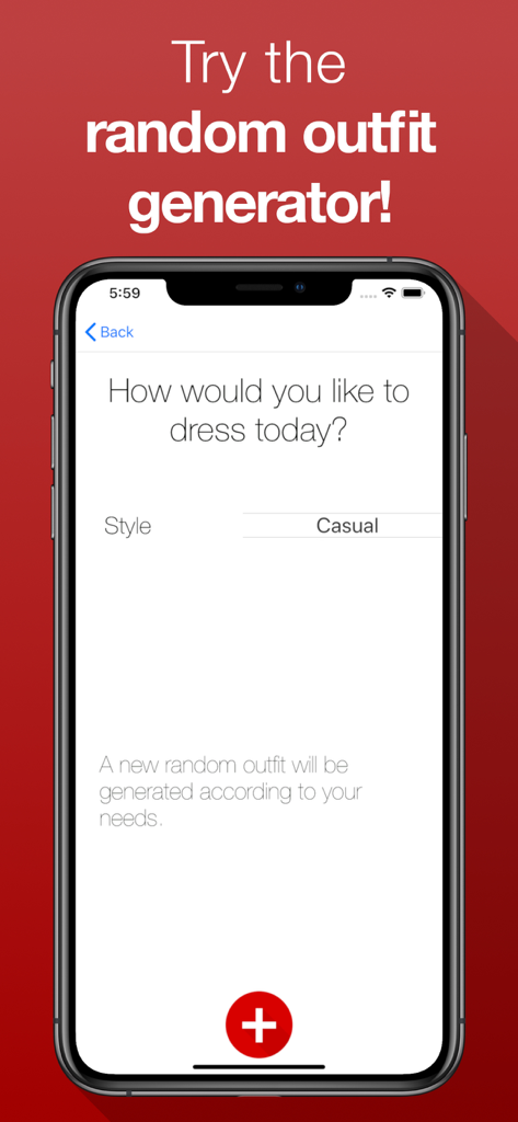A mobile app screen showing the random outfit generator feature with a casual style selection