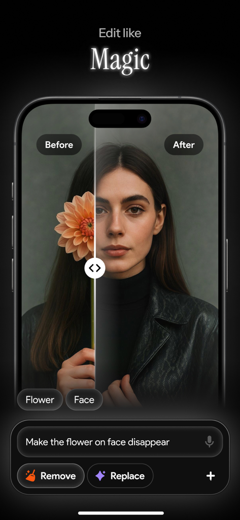 Photo Editor Eraser AI: Vanish - 텍스트 프롬프트를 사용하여 인물 사진에 AI 객체 제거를 보여주는 전후 비교