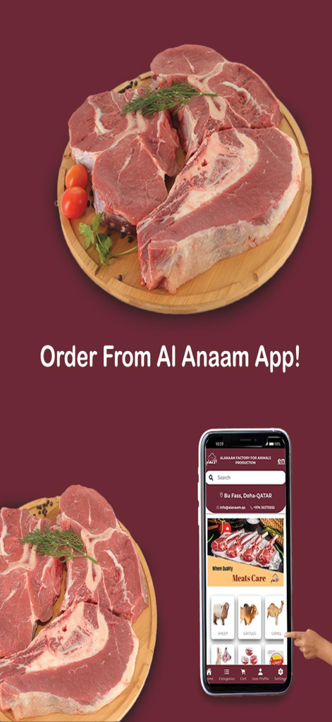 AL ANAAM - Fresh Halal meat cuts next to a smartphone displaying the AL ANAAM shopping app interface