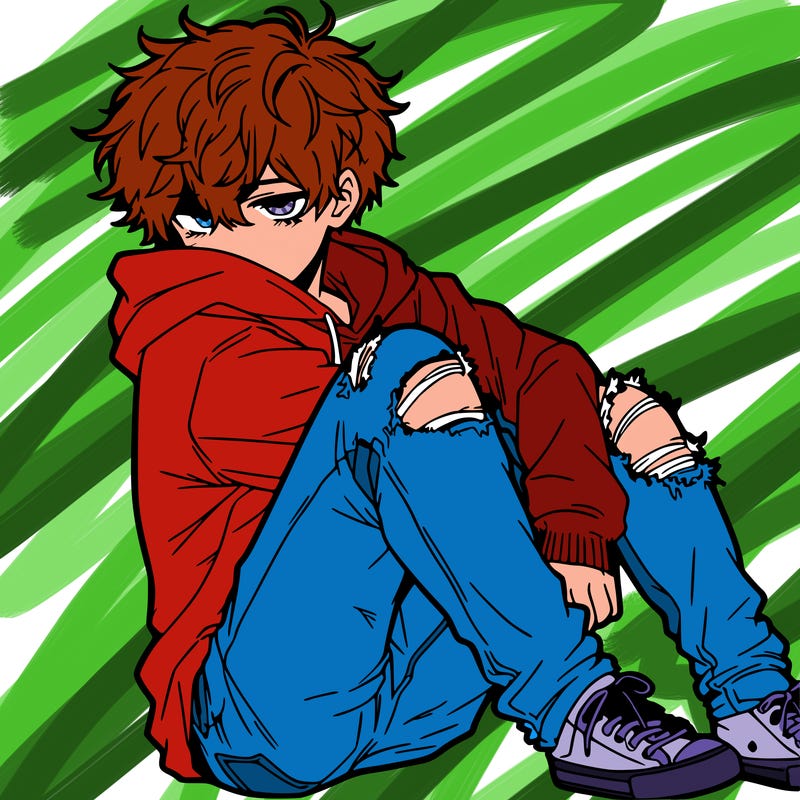 a male hoddie ripped jeans messy hair anime