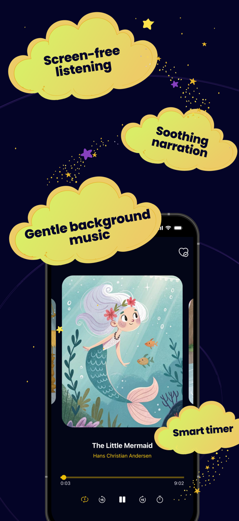 Dreamie Kids: Audio Fairytales - Interfaz del reproductor de la aplicación Dreamie Kids para audi Cuentos de hadas infantiles sin pantalla