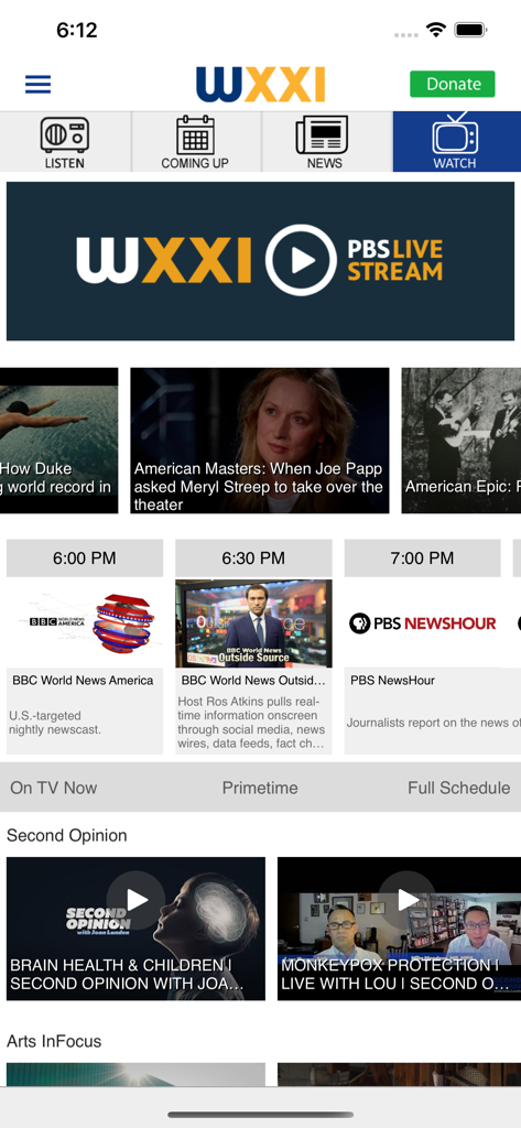 WXXI Public Media App - WXXI Public Media app showing the Watch screen with PBS live stream and TV programming schedule.